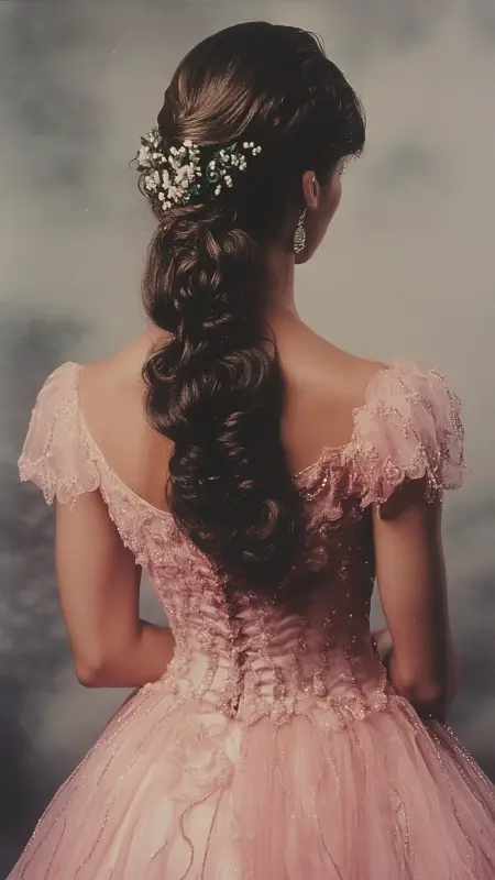 Glamorous 80s Throwback: Lush Curls with Floral Flair - 80s Prom Hair