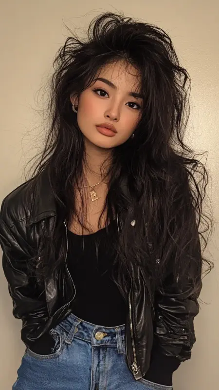 Glamorous Cascade: Black 80s Prom Queen Hair - 80s Prom Hair