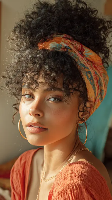 Afro Puff with Curly Curtain Bangs - Face framing curtain bangs on curly hair