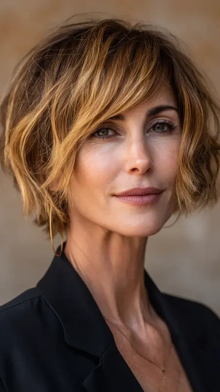Angled Bob with Side Bangs -  Haircuts for women over 50 with bangs 