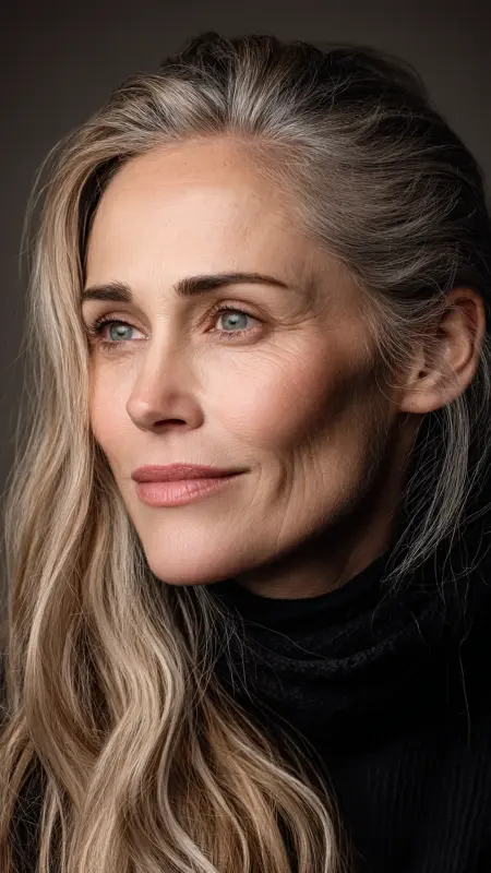 Ash Blonde Money Pieces on Long Layers -  cover grey hair with highlights 