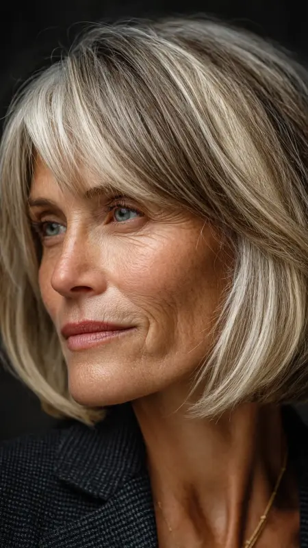 Ash Brown Highlights on Long Blunt Cut -  cover grey hair with highlights 