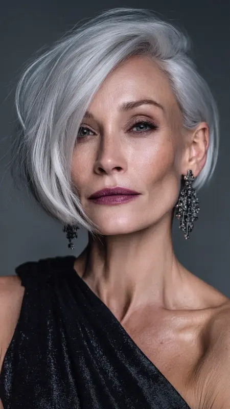 Asymmetrical Bob with Side Bangs - hairstyles for women over 70 with bangs