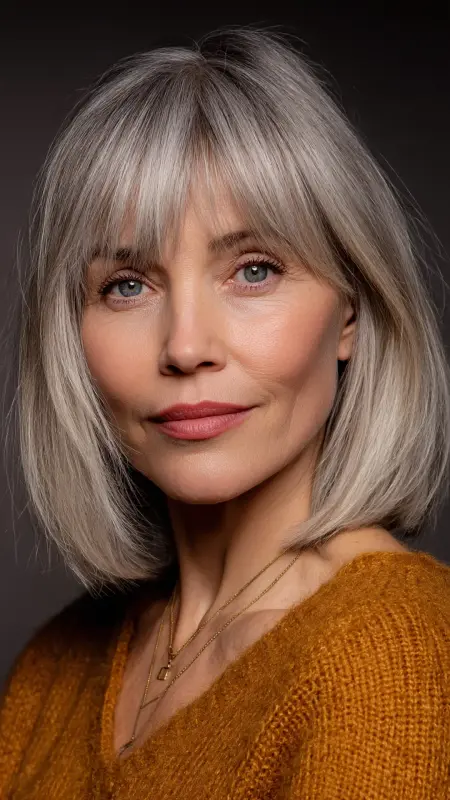Asymmetrical Bob with Soft Fringe - bob haircuts for women over 60 with fine hair