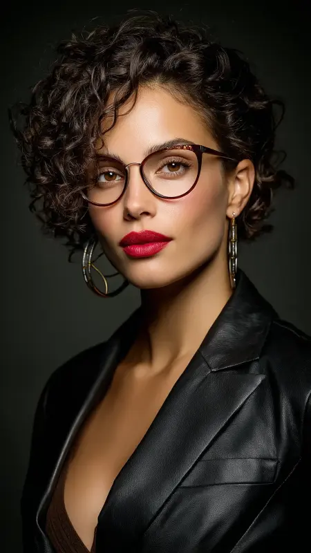 Asymmetrical Curly Cut -  short curly hair with glasses 