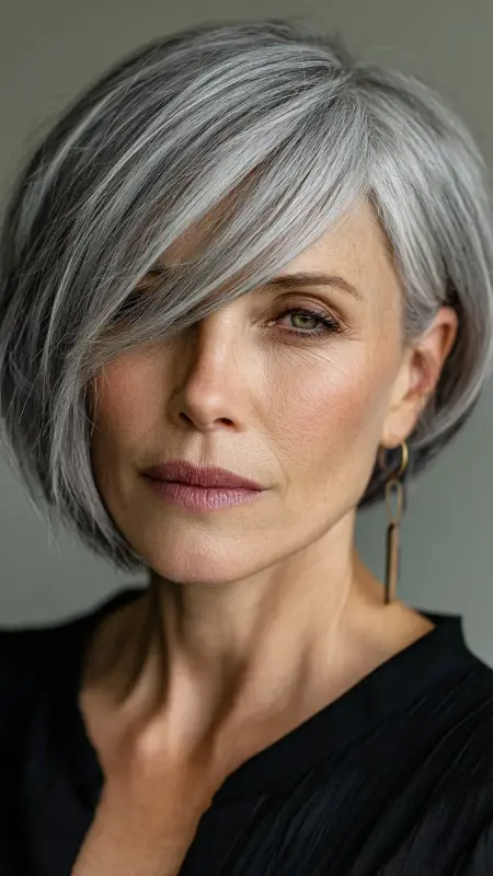 Asymmetrical Lob with Side Bangs -  Haircuts for women over 50 with bangs 
