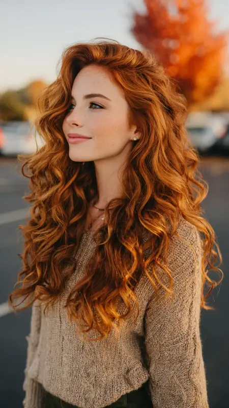 Auburn Melt on Long Loose Curls - Hair color ideas for students