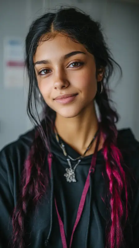 Black Hair with Magenta Underlayer - Hair color ideas for students
