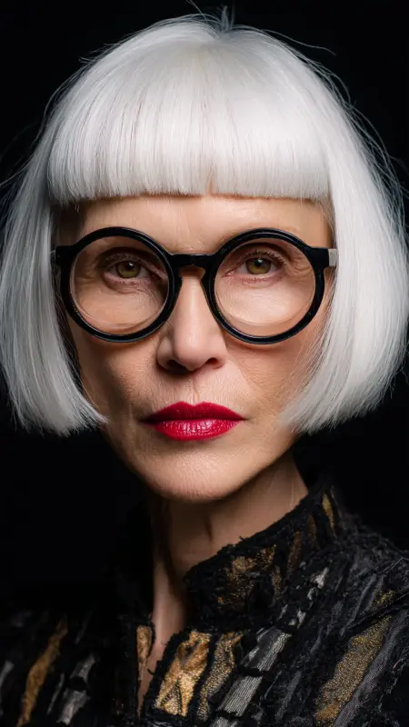 Blunt Cut with Micro Bangs -  Short white hair for older women 