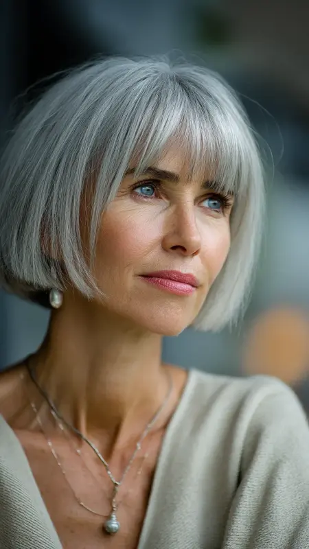 Blunt Cut with Soft Curtain Bangs - hairstyles for women over 70 with bangs