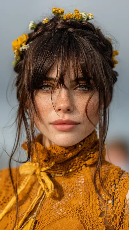 Boho Fishtail Braid with Curtain Bangs - long curtain bangs round face