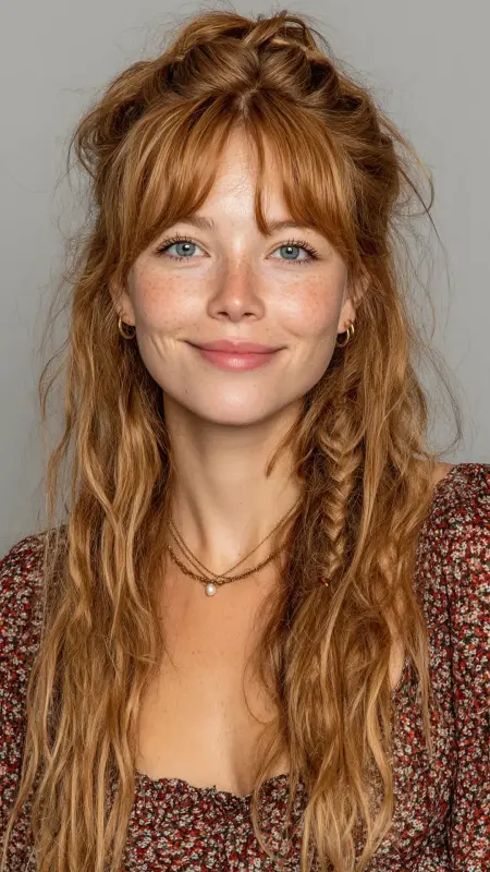 Boho Half-Up with Curtain Bangs - long curtain bangs round face