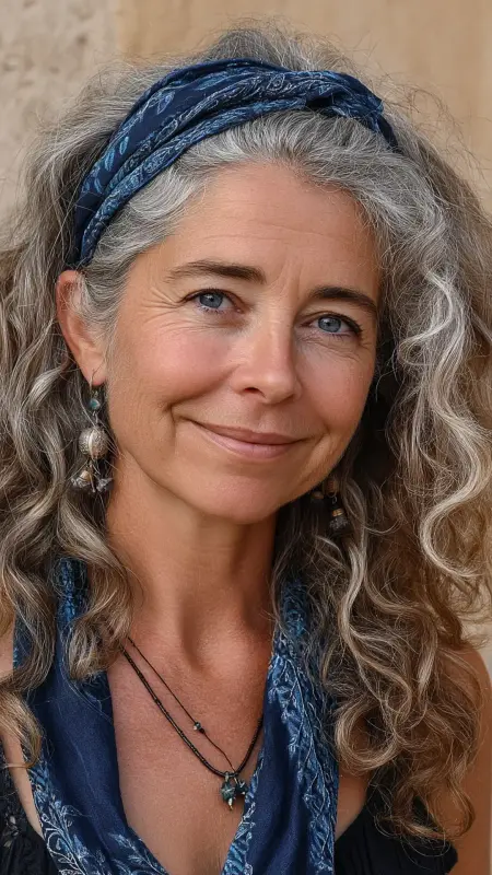 Boho Silver Waves with Headband - gray hair styles for women over 50