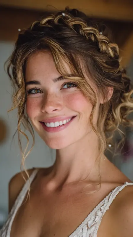 Braided Crown with Curly Curtain Bangs - Face framing curtain bangs on curly hair