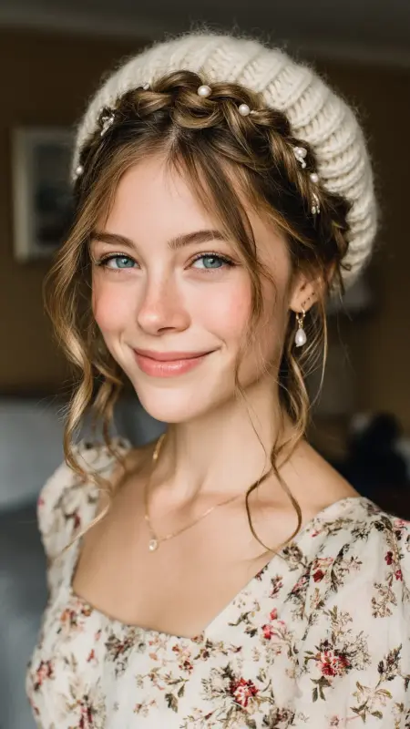 Braided Crown with Loose Curls and Beanie - Curly Hairstyles With Beanies