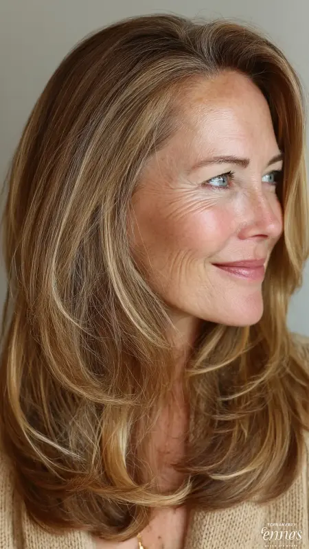 Bronde Highlights on Layered Cut -  cover grey hair with highlights 