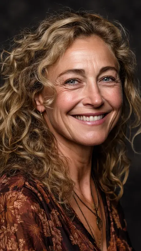 Bronze Highlights on Mid-Length Curls -  cover grey hair with highlights 