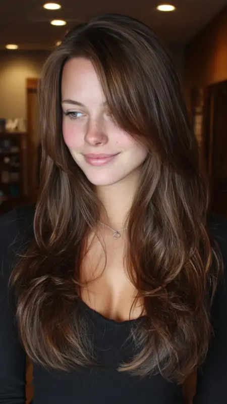 Enchanting Chestnut Cascades: The Butterfly Cut Debut - Butterfly Haircut With Side Part