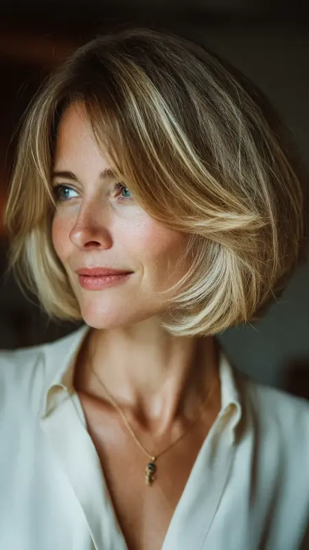 Buttery Blonde Highlights on Angled Bob -  cover grey hair with highlights 