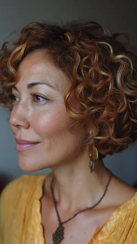 Caramel Ribbon Highlights on Curly Bob -  cover grey hair with highlights 