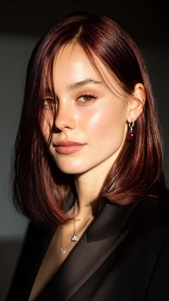 Cherry Cola Gloss on Straight Lob – Hair color for college students – HappyHairy