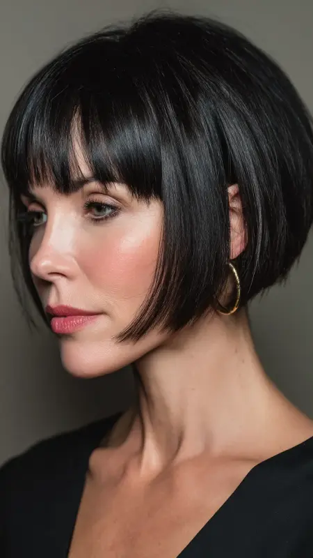 Chin-Length Angled Bob -  Haircuts for women over 50 with bangs 
