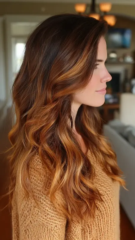 Cinnamon Balayage on Long Layers - Hair color ideas for women in 30s