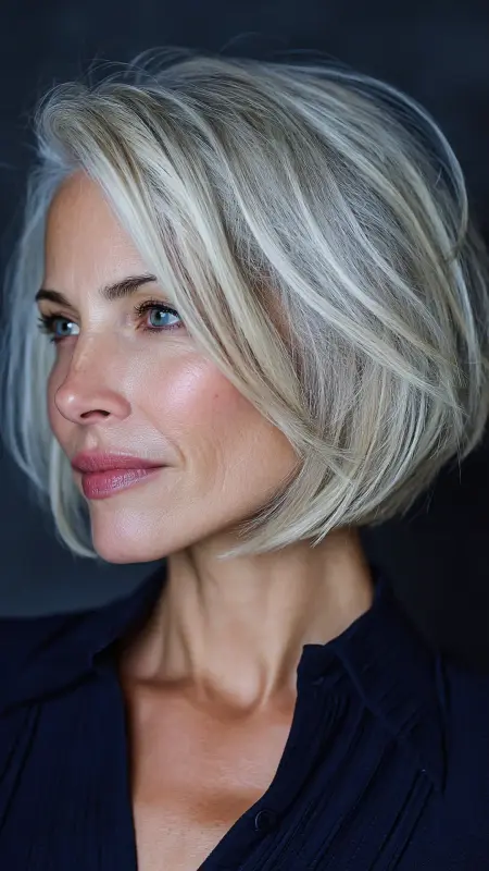 Classic Center Split - Platinum - Medium Length Bob Haircuts For Women Over 50