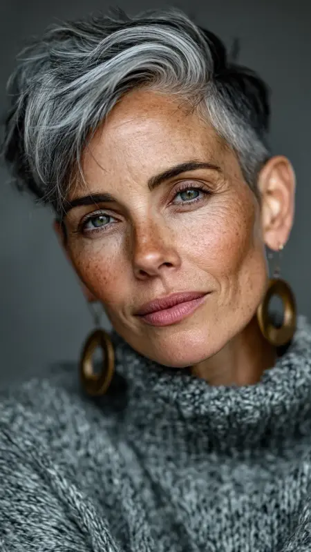 Classic Taupe - Sculpted Blowout - Undercut pixie haircut for older women