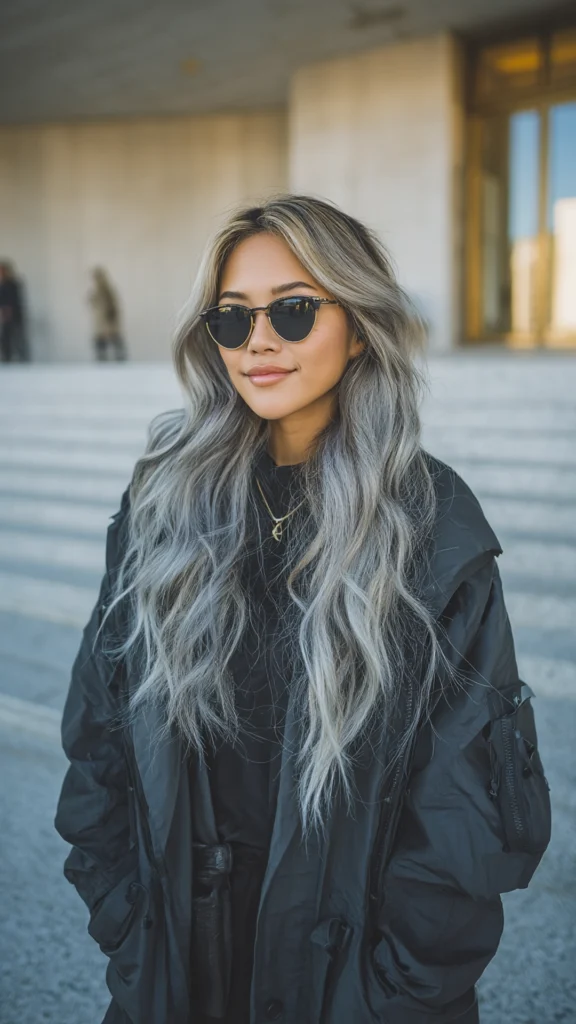 Cool Silver Balayage on Long Waves – Hair color for college students – HappyHairy