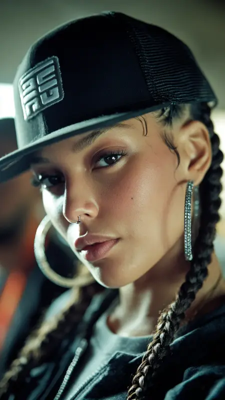 Corkscrew Curls with Curtain Bangs -  Trucker Hat Hairstyles 