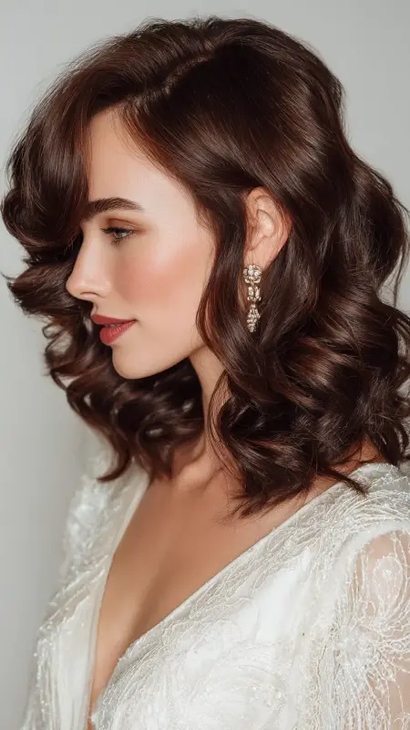 Curled Shoulder-Length Cut with Side Bangs - Shoulder length haircut for round faces