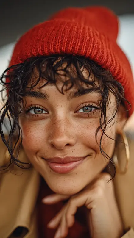 Curly Bangs with Fitted Beanie - Curly Hairstyles With Beanies