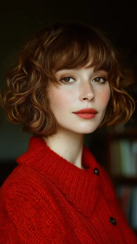Curly Bob with Blunt Bangs -  Haircuts for women over 50 with bangs 