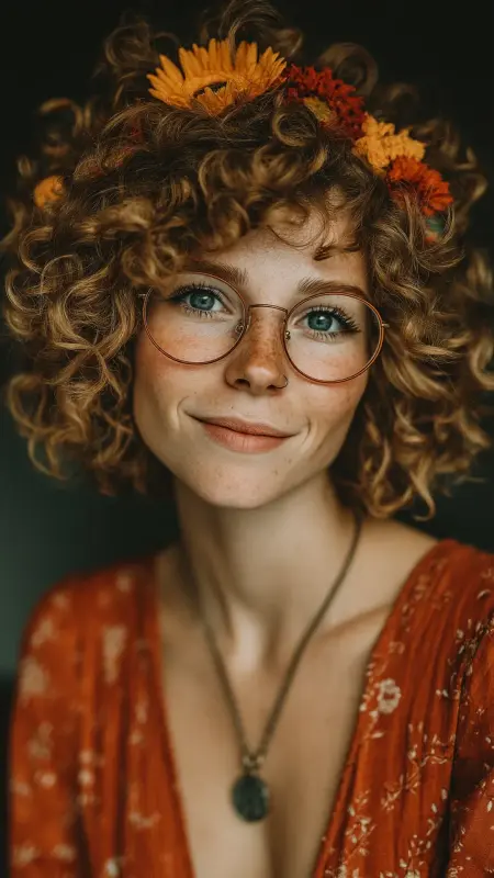 Curly Bob with Undone Bangs -  short curly hair with glasses 