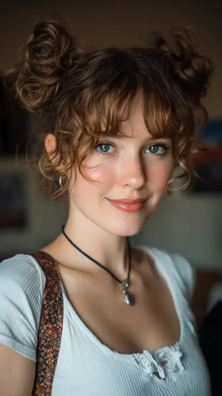 Curly Curtain Bangs with Double Buns - Face framing curtain bangs on curly hair