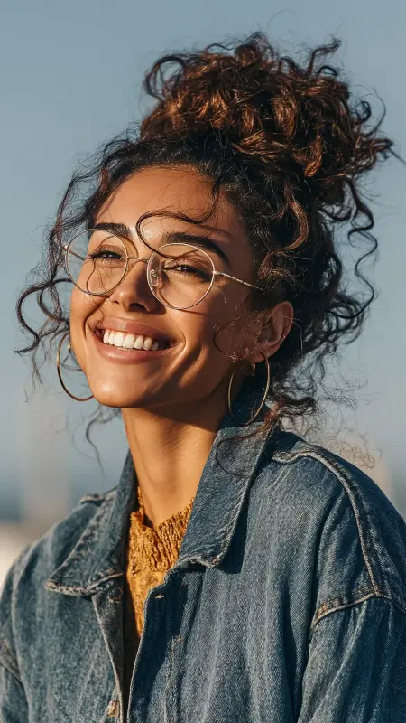Curly Half-Up Bun -  short curly hair with glasses 