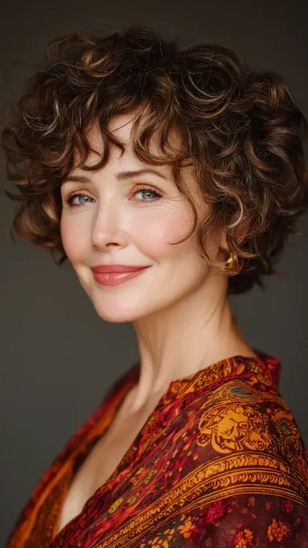 Curly Layered Bob with Side Swept Bangs - Short Layered Hairstyles For Older Women