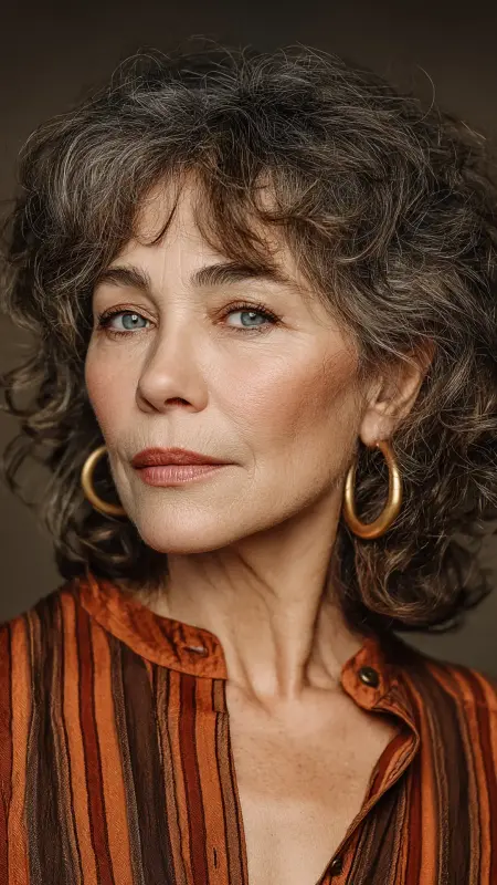 Curly Layered Cut with Curtain Bangs - Hairstyles For Women Over 60 With Curly Hair
