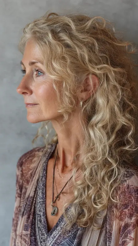 Curly Long Layers with Feathered Ends - Hairstyles For Women Over 60 With Curly Hair