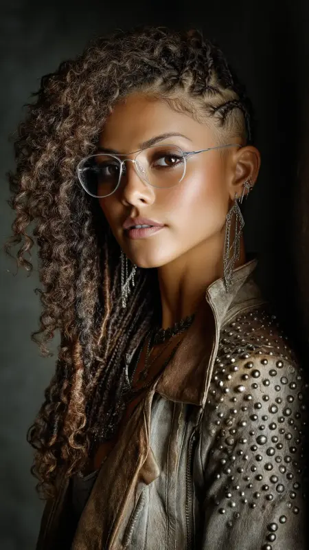 Curly Side Braid with Tapered Sides -  short curly hair with glasses 