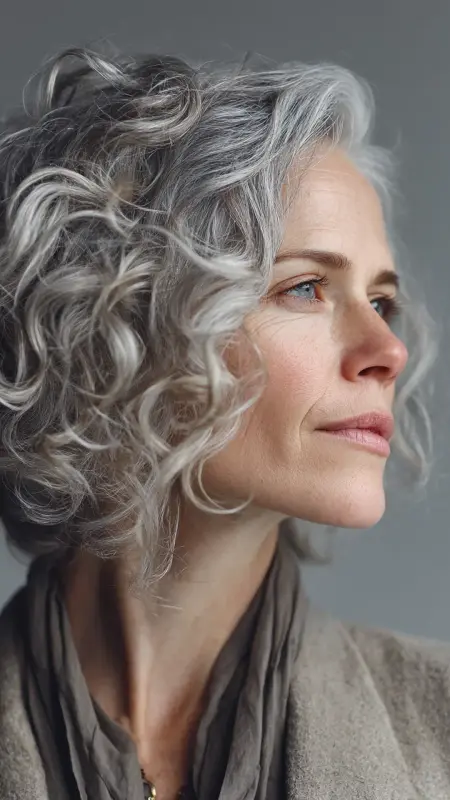 Curly Silver Halo - gray hair styles for women over 50