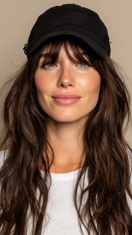Curtain Bangs  Trucker Hat -  Trucker Hat Hairstyles 