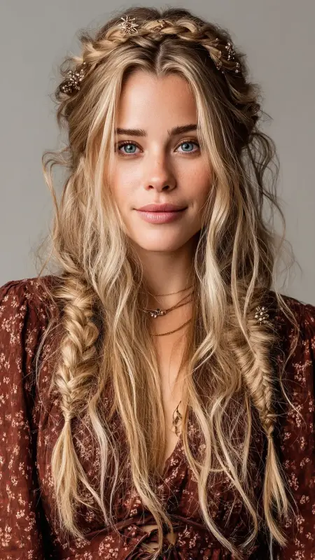Curtain Bangs with Twisted Half-Up Style - long curtain bangs round face