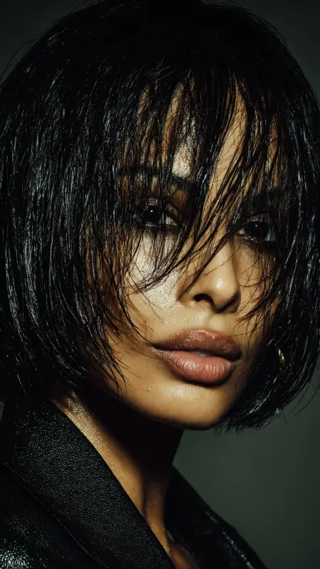 Curtain Bangs with Wet Texture Bob - long curtain bangs round face