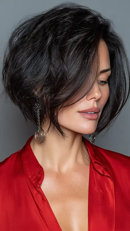Dark Espresso Short Bob with Wispy Layers - hair color for older women over 50