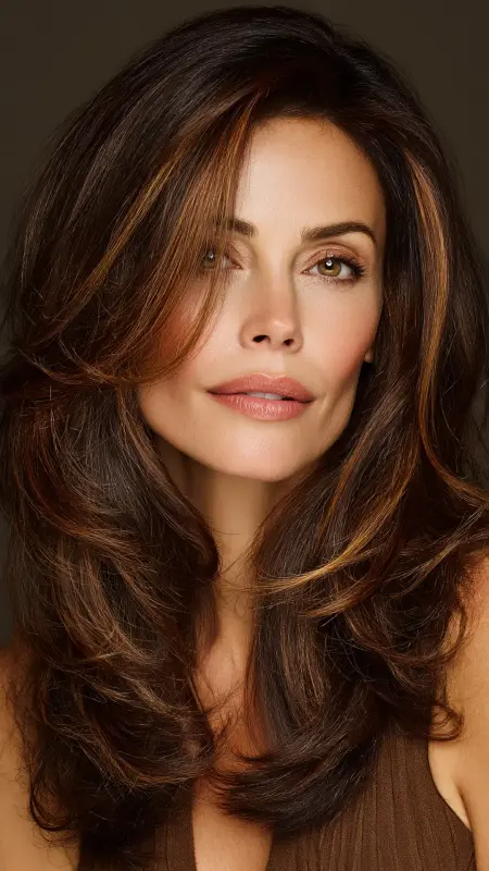 Dark Espresso with Cinnamon Peekaboo Highlights - Hair color ideas for women over 50