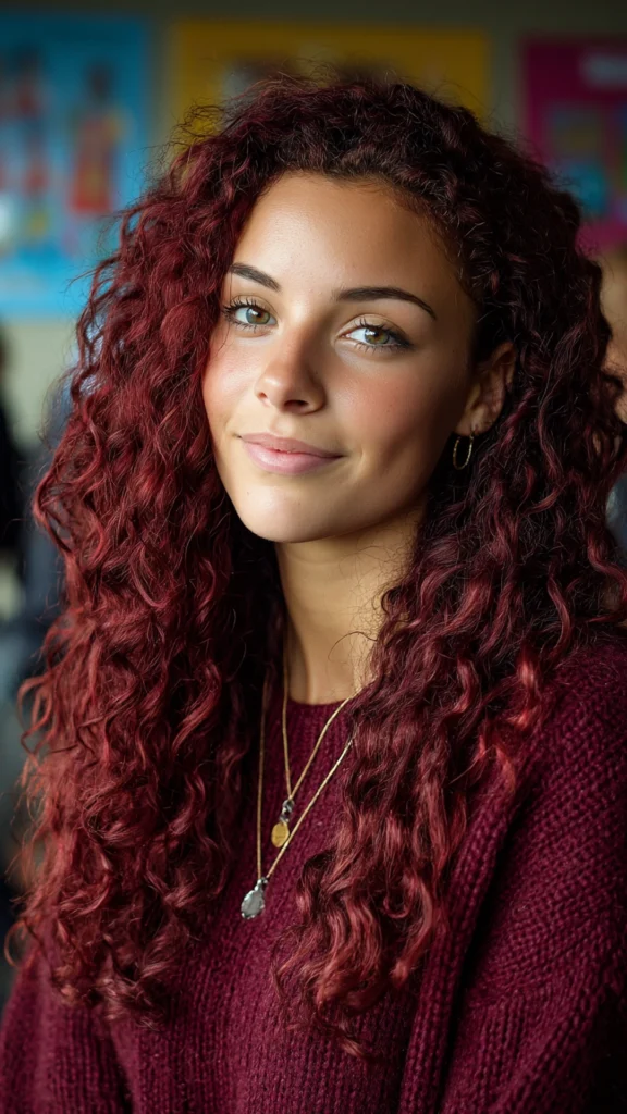Deep Burgundy Curls with Side Part – Hair color for college students – HappyHairy