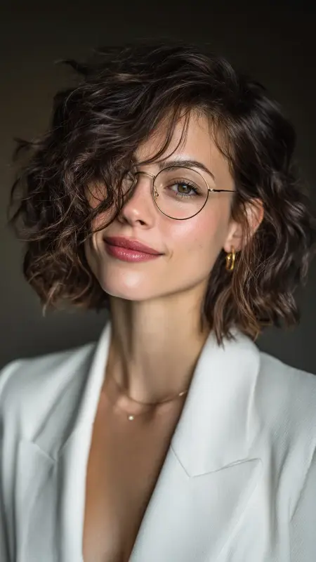 Defined Curly Lob Long Bob -  short curly hair with glasses 