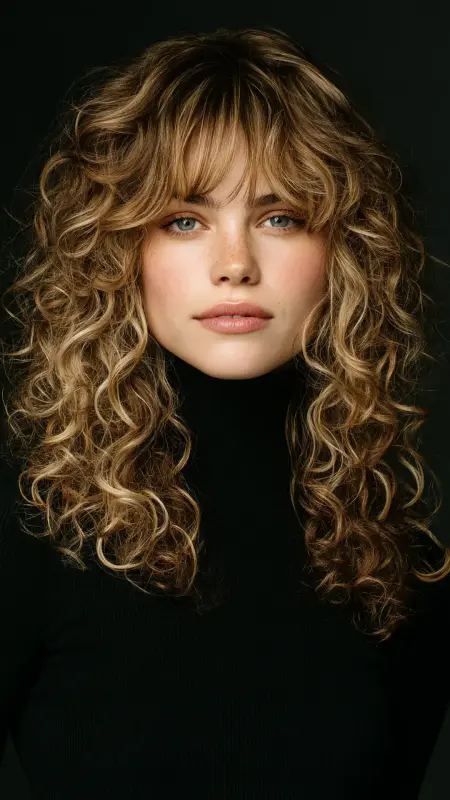 Defined Spiral Curls with Voluminous Curtain Bangs - Face framing curtain bangs on curly hair